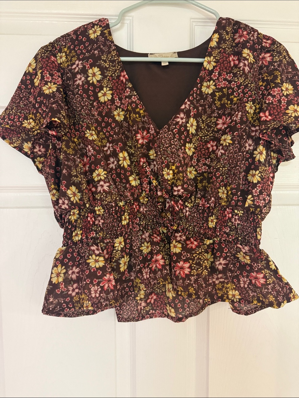 indulge Brown Floral V-Neck Smocked Peplum Blouse